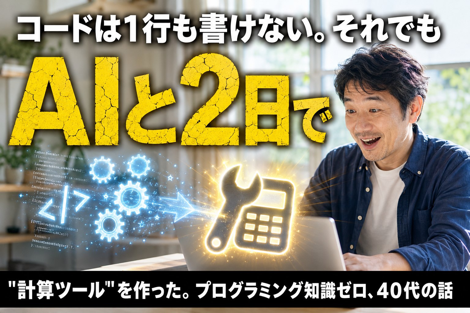 ノートパソコンに向かう40代男性と、コード記号や歯車が計算ツールに組み上がっていくイメージ。知識ゼロでもAIと2日でツールを作れたことを示すアイキャッチ