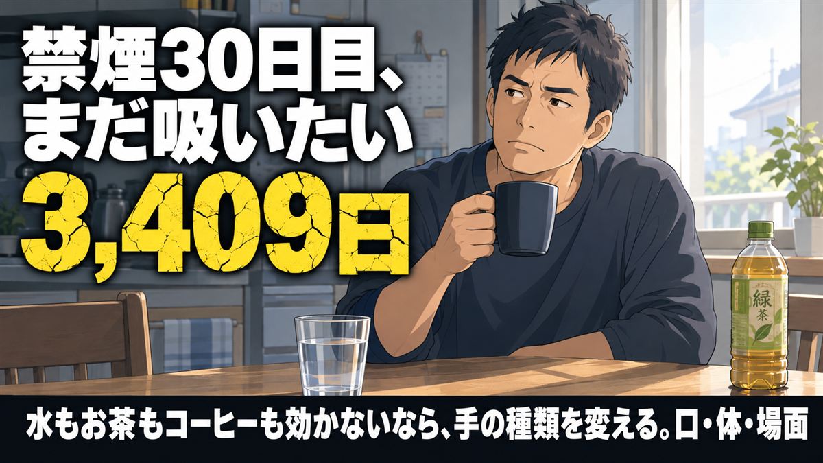 朝の台所で、ブラックコーヒーのマグカップを手に考え込む40代の男性。禁煙30日目、まだ吸いたい