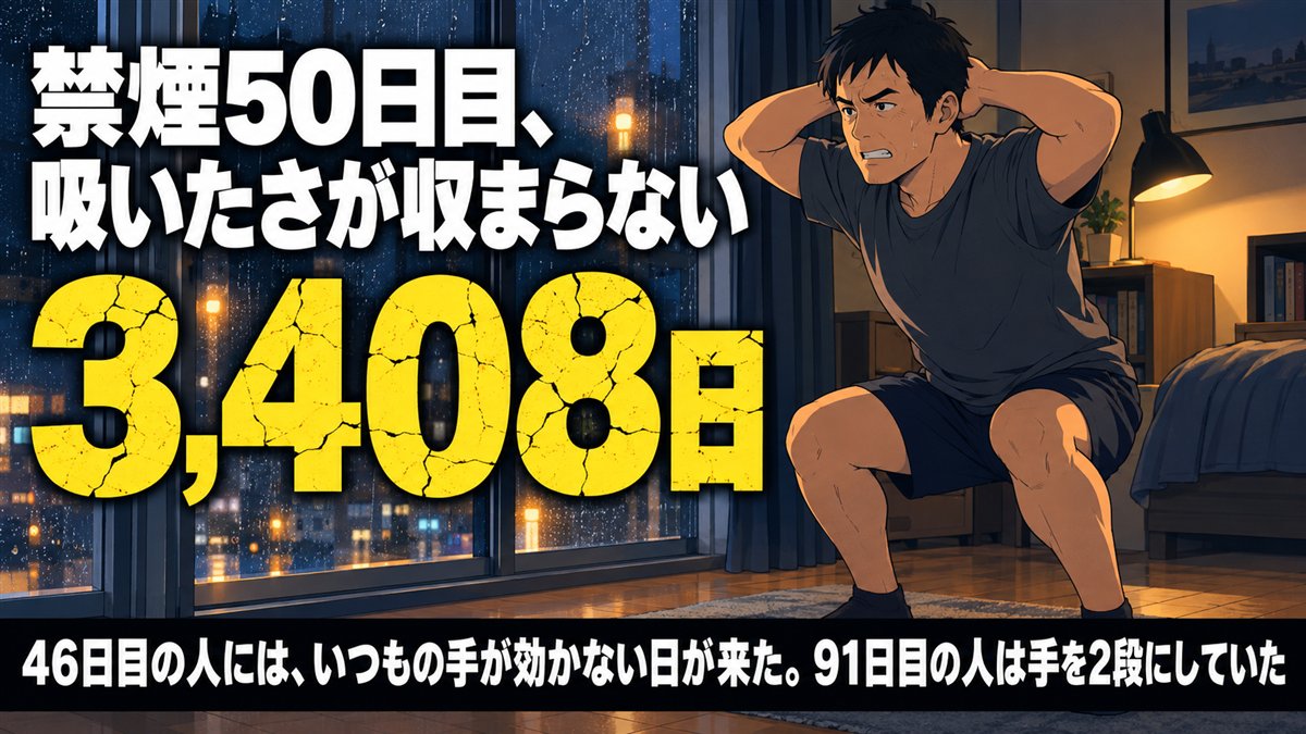 雨の夜、部屋の窓ぎわでスクワットをする40代の男性。禁煙50日目、吸いたさが収まらない