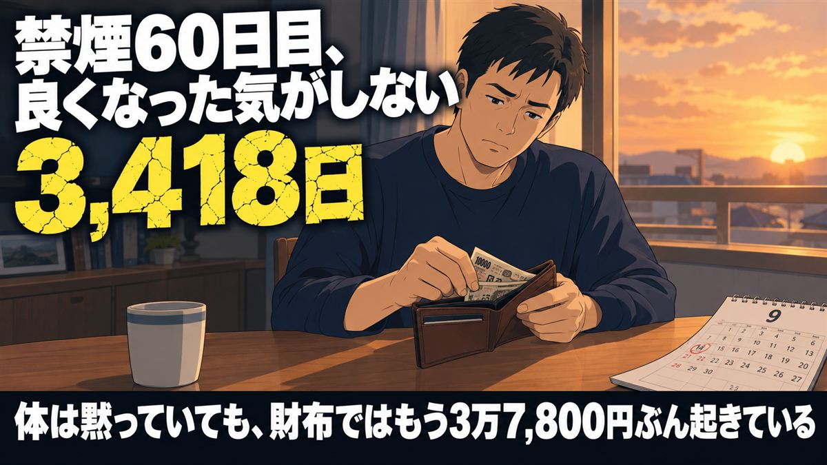 禁煙60日目、良くなった気がしない。財布を開いてお札を数える40代の男性。3,418日