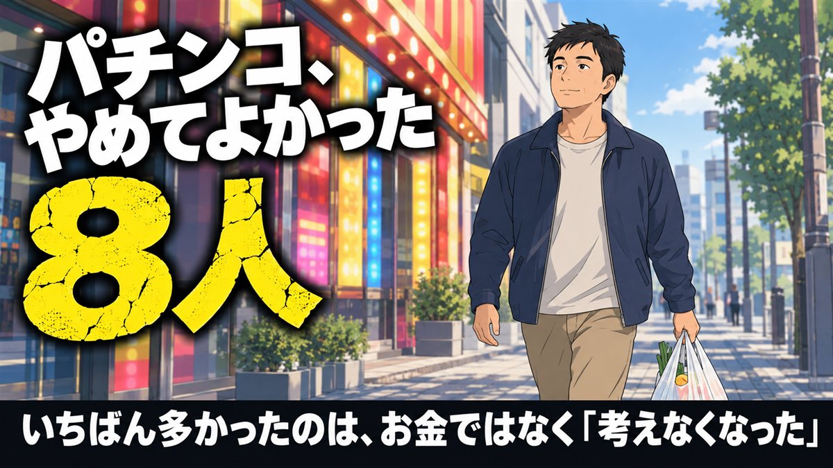 パチンコ店の前を通り過ぎる40代の男性。パチンコ、やめてよかった。8人。いちばん多かったのは、お金ではなく「考えなくなった」